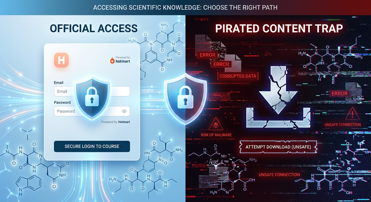 Imagem dividida contrastando o acesso seguro a um curso online de peptídeos com os riscos de downloads gratuitos não oficiais. Lado esquerdo mostra tela de login segura e moléculas organizadas. Lado direito mostra ícone de download quebrado e dados corrompidos.
