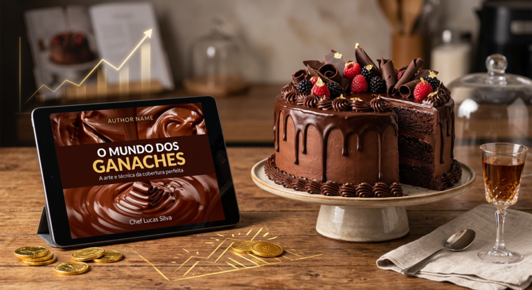 Bolo decorado com ganache e tablet mostrando o ebook 'O mundo dos ganaches', simbolizando investimento e retorno financeiro.