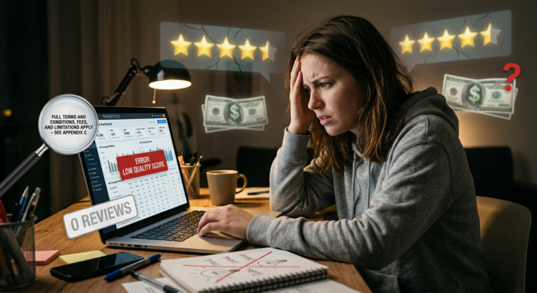 Imagem ilustrando um afiliado iniciante confuso diante de um laptop, com projeções holográficas de notas de dólar e avaliações 5 estrelas aparecendo rachadas ou desbotadas, simbolizando as promessas e custos ocultos do curso Formação Afiliado Avançado de Taynã Gauche.