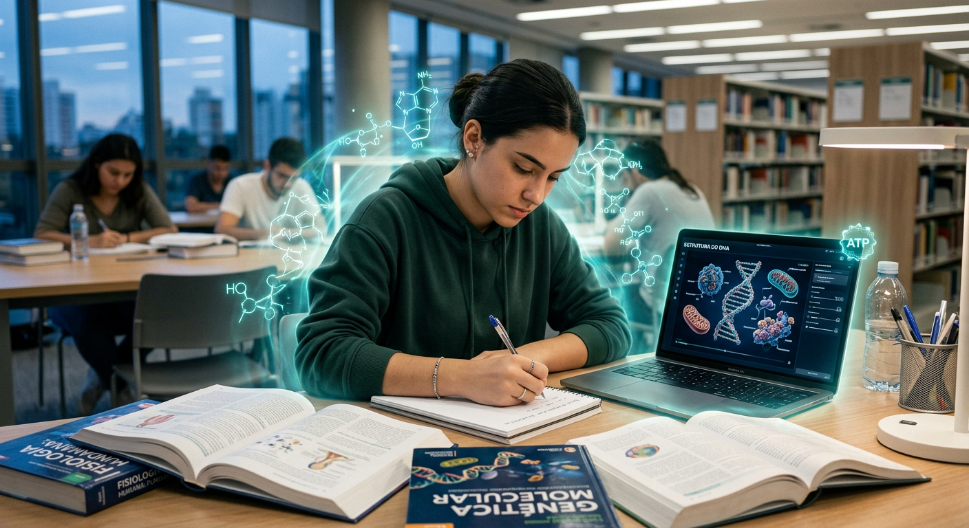 Estudante concentrado e dedicado estudando biologia com materiais avançados e laptop, simbolizando foco, energia ATP e alto desempenho em exames.