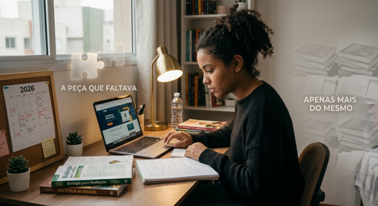 Estudante focado em laptop com material do curso Extensiva 2026, com elementos visuais que questionam a eficácia do preparatório online para o ENEM.