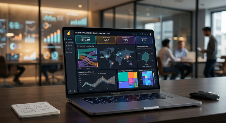 Dashboard Power BI criativo em tela de laptop, com visualizações de dados interativas e design moderno para analistas.