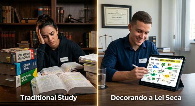 Comparação visual entre a complexidade do Vade Mecum tradicional e a clareza dos mapas mentais digitais do 'Decorando a Lei Seca' para estudo jurídico.