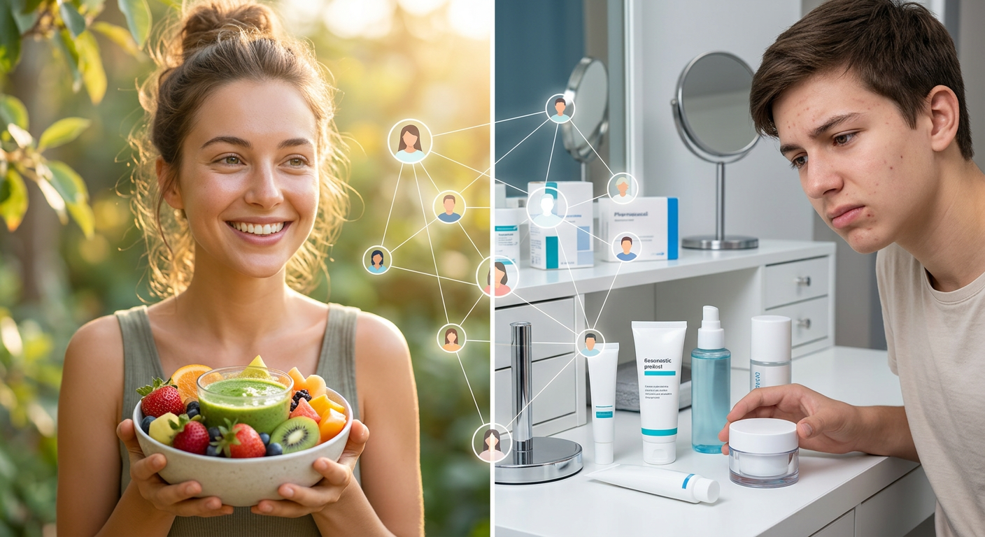 Comparação visual entre o tratamento da acne com nutrição funcional e mudanças de hábito (lado esquerdo) e o uso de cosméticos e soluções externas famosas (lado direito), com um elemento sutil de comunidade.