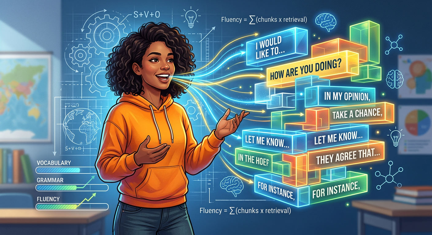 Ilustração de uma pessoa falando inglês fluentemente, conectada visualmente a blocos de linguagem organizados e uma fórmula esquemática, simbolizando o método do Fórmula da Fluência.