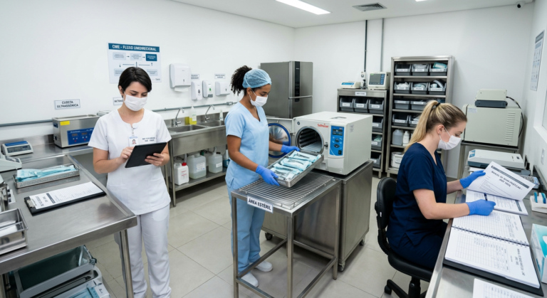 Equipe odontológica em sala de esterilização moderna, implementando RDC 1002 com checklists digitais e instrumentos esterilizados, refletindo biossegurança inteligente.
