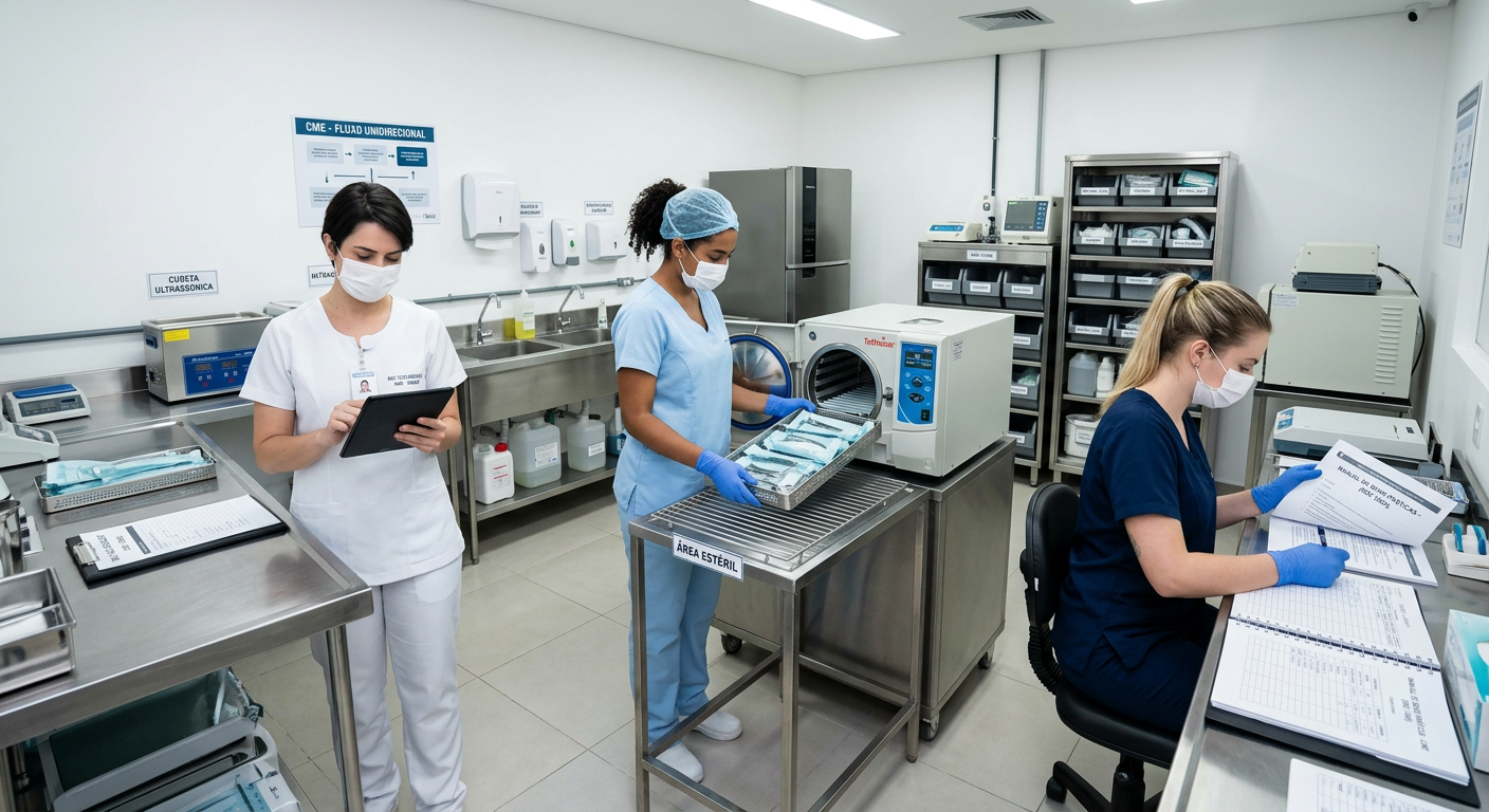 Equipe odontológica em sala de esterilização moderna, implementando RDC 1002 com checklists digitais e instrumentos esterilizados, refletindo biossegurança inteligente.