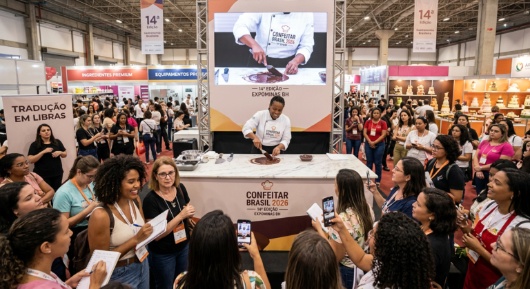 Mulheres aprendendo técnicas de confeitaria e gestão no evento Confeitar Brasil 2026 em BH, com ambiente de feira e networking.
