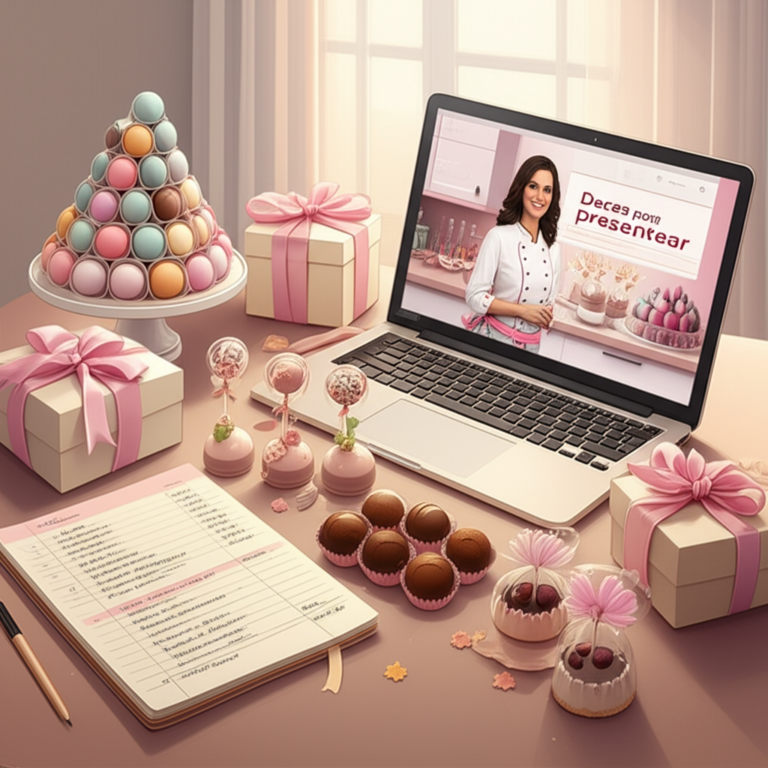 Ísis Alvarez demonstrando técnicas de confeitaria em um curso online “Doces para Presentear”, rodeada de doces finos e embalagens de presente.