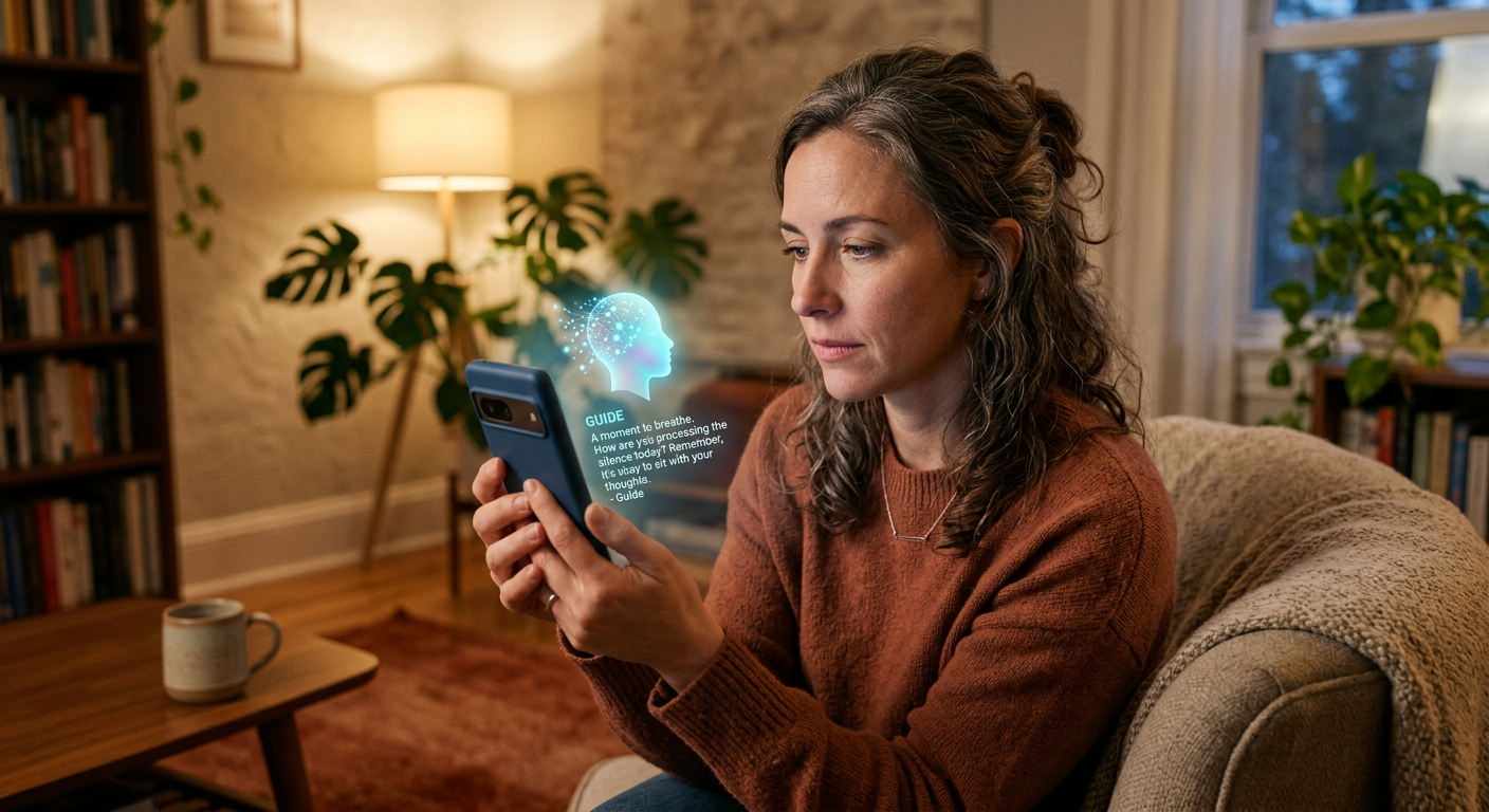 Pessoa contemplativa olhando para um smartphone com uma interface de IA terapêutica brilhante, em um ambiente doméstico acolhedor.
