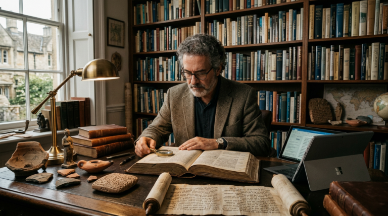 Professor Rodrigo Silva ou figura acadêmica com Bíblia aberta, cercado por artefatos arqueológicos, mapas antigos e ferramentas de estudo modernas, simbolizando a profundidade da plataforma 'A Bíblia Comentada'.