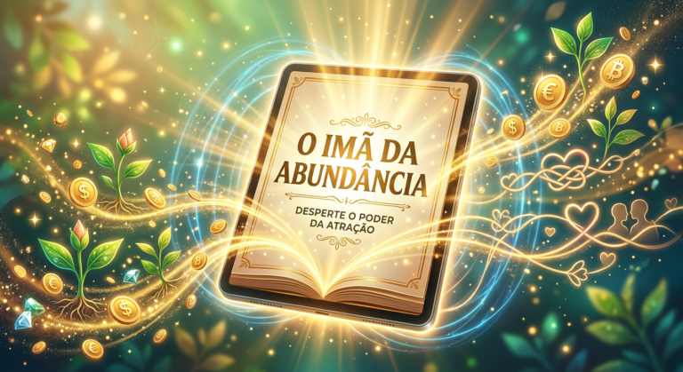 Capa conceitual do e-book 'O Imã da Abundância' em um tablet, com raios de luz dourada atraindo símbolos de prosperidade, dinheiro e sucesso. Ilustra a lei da atração e a reprogramação mental para manifestar abundância.