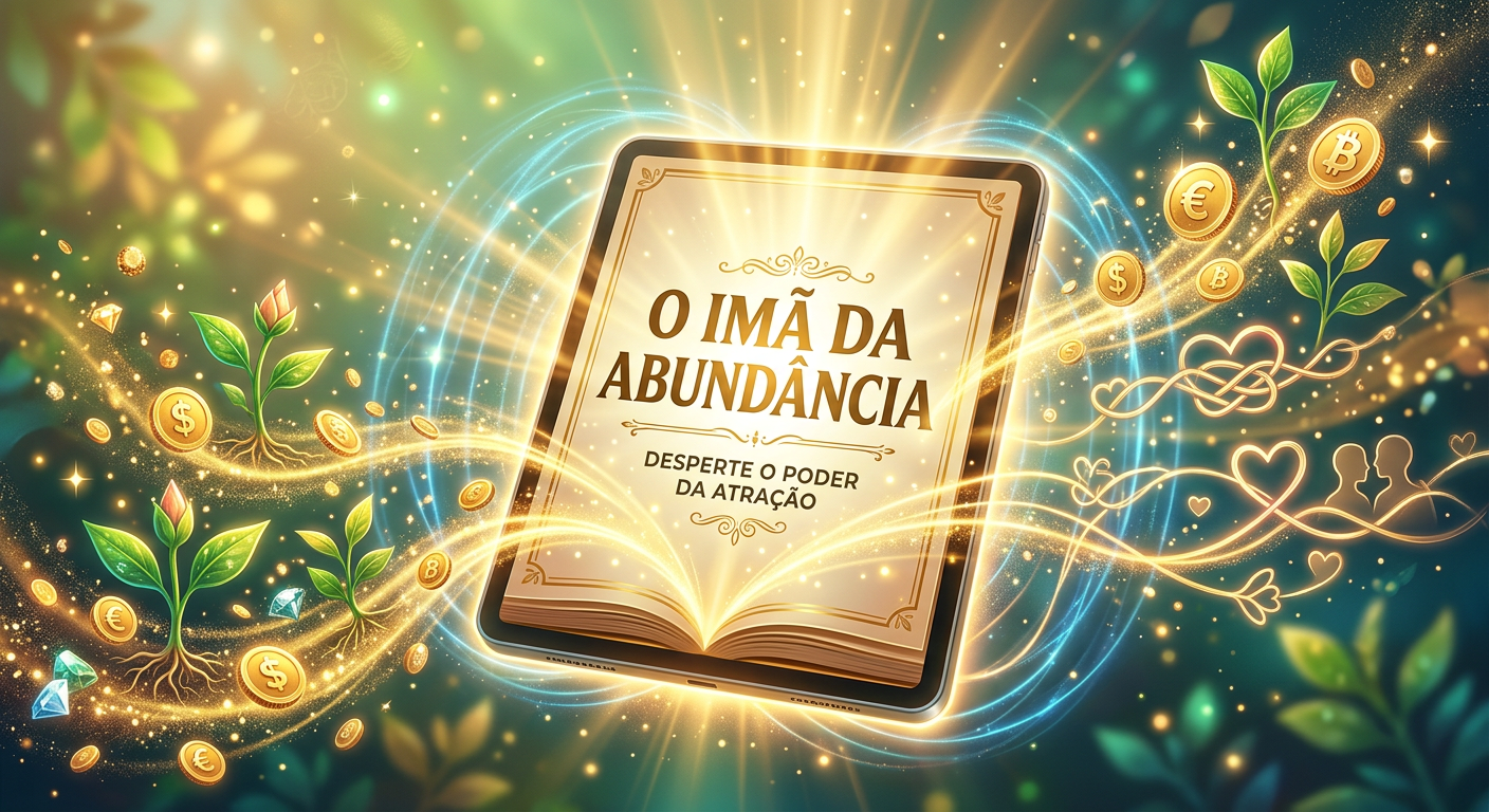 Capa conceitual do e-book 'O Imã da Abundância' em um tablet, com raios de luz dourada atraindo símbolos de prosperidade, dinheiro e sucesso. Ilustra a lei da atração e a reprogramação mental para manifestar abundância.