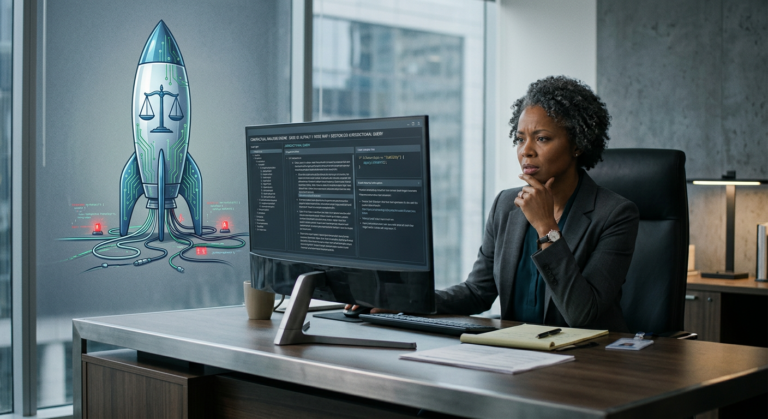 Profissional jurídico frustrado olhando para software de IA, com um foguete simbólico que não decolou ao fundo, representando o desafio de implementar IA no Direito.