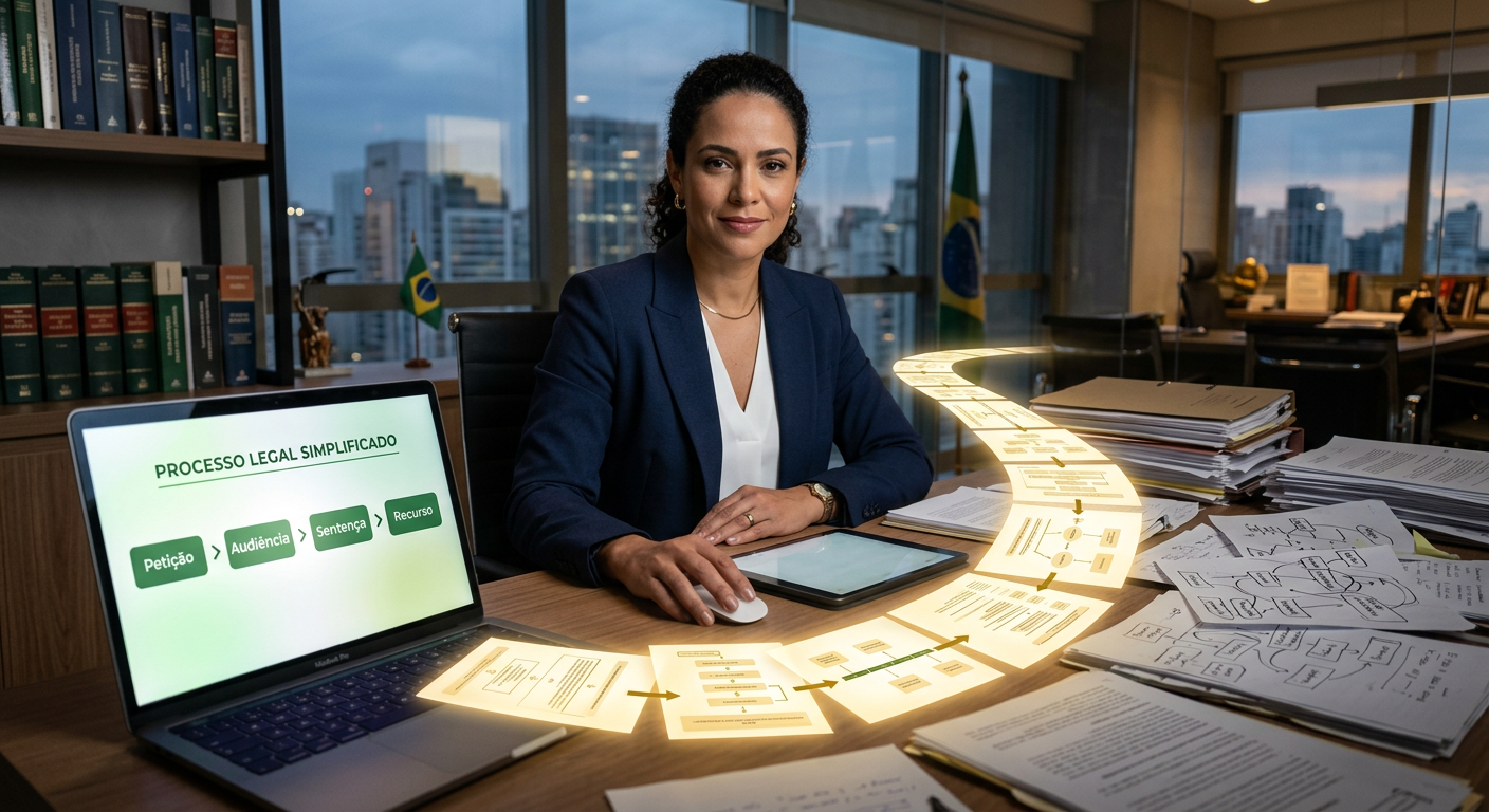 Advogado(a) utilizando a Mentoria O Mundo das Grandes Operações para simplificar processos jurídicos complexos, com documentos e tela de laptop exibindo um fluxograma claro.
