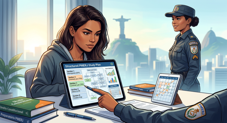 Jovem estudante focado em material preparatório para o concurso PMERJ, com policial militar ao fundo simbolizando a transição de carreira.