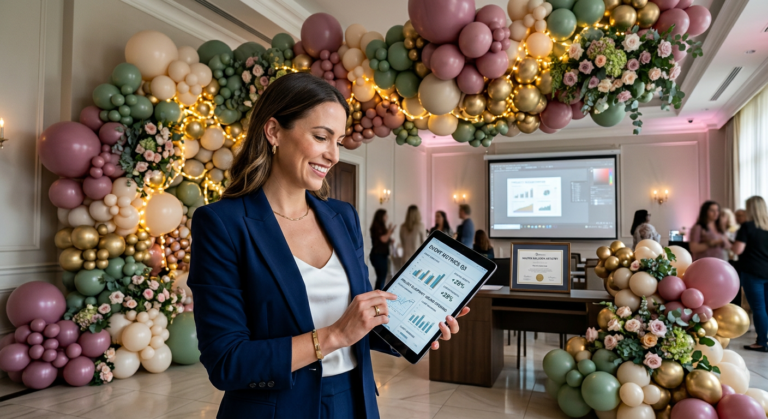 Magnífico cenário de balões orgânicos e esculturas complexas, com iluminação e flores, representando o sucesso e a maestria alcançados por um profissional de decoração de eventos formado pela Universidade Cenário Balões 2.0.