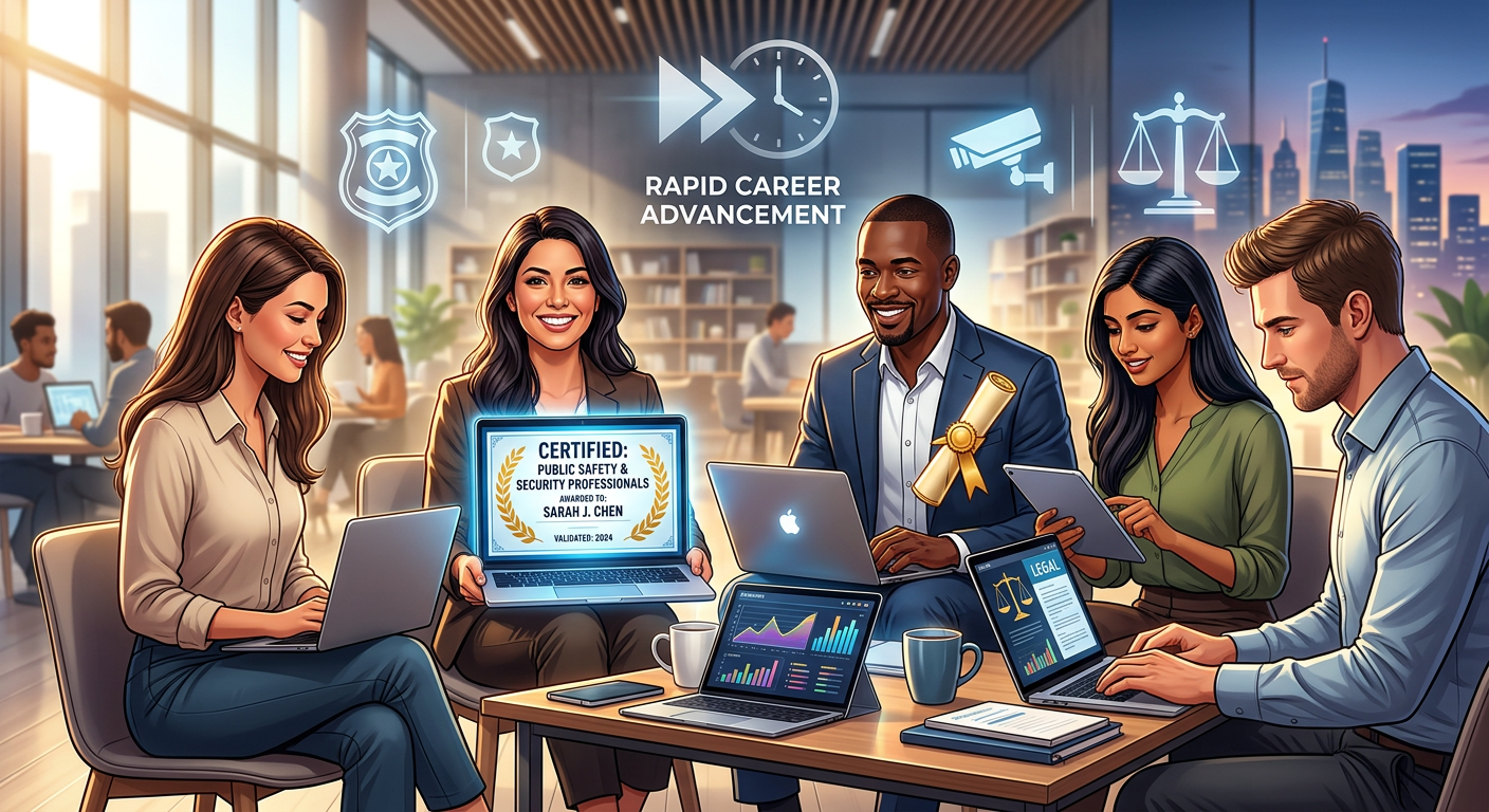 Grupo diverso de estudantes online recebendo certificado superior sequencial para carreiras em segurança pública e privada.