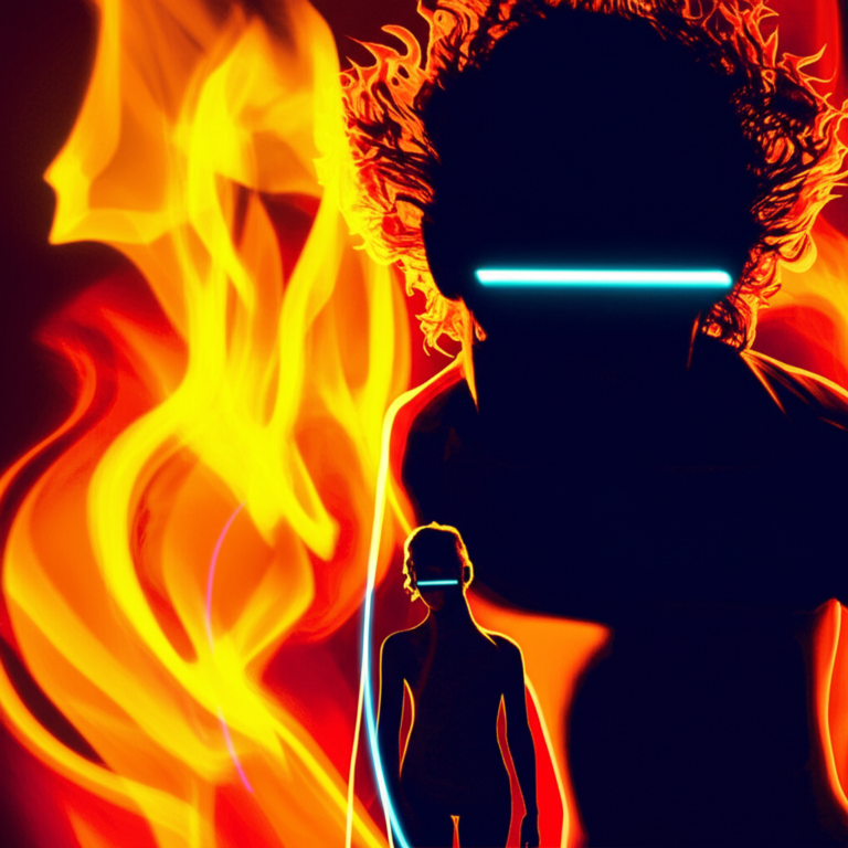 Illustration with fiery background and a mysterious silhouette suggesting a provocative, beyond‑the‑ordinary theme.