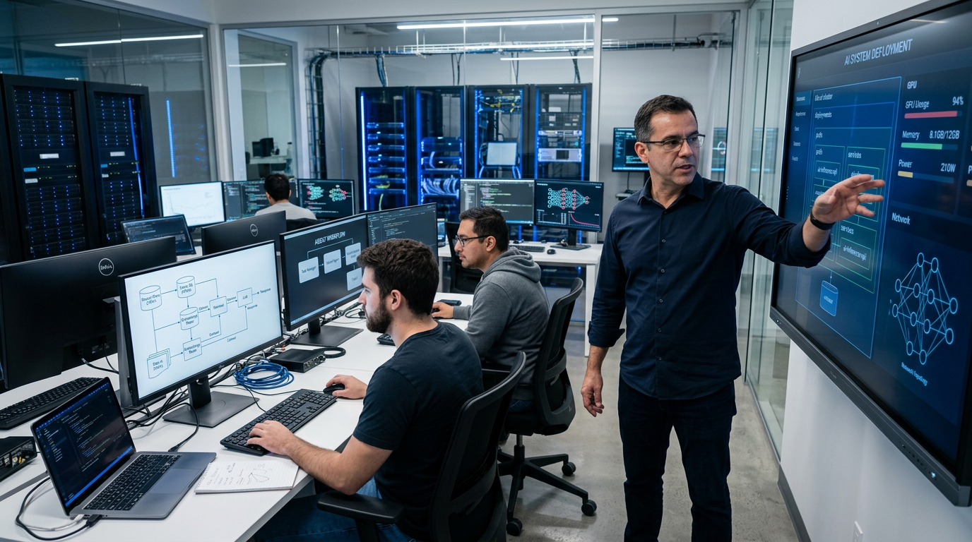 Engenheiros especialistas em IA da Dev+Eficiente projetando sistemas RAG e agentes autônomos com Kubernetes e otimização de GPU para produção.