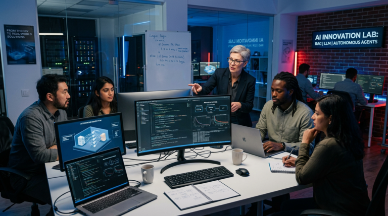 Engenheiros de IA colaborando em telas com código e diagramas de redes neurais, simbolizando a especialização em engenharia de IA e resultados práticos.