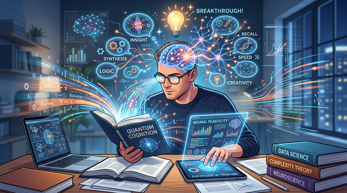 Pessoa lendo rapidamente com foco intenso, combinando livros físicos e tela digital. Símbolos de neurônios e velocidade representam o Curso Metaleitura de Renato Alves.