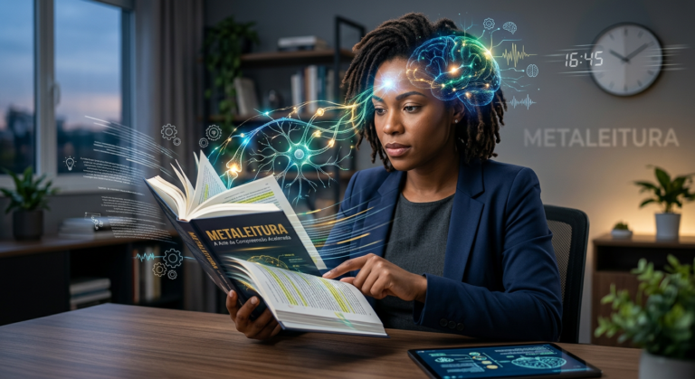 Pessoa lendo rapidamente com compreensão profunda, simbolizando o curso Metaleitura LDE para concurseiros e profissionais de Renato Alves.
