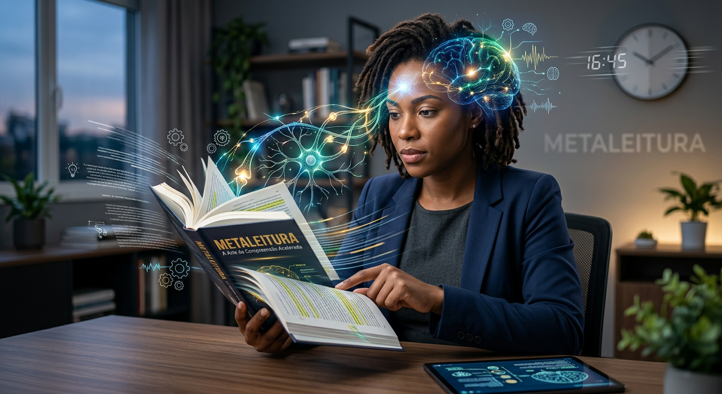 Pessoa lendo rapidamente com compreensão profunda, simbolizando o curso Metaleitura LDE para concurseiros e profissionais de Renato Alves.