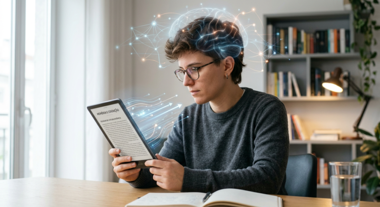 Pessoa lendo rapidamente em um tablet com visualizações de atividade cerebral e texto acelerado, simbolizando leitura dinâmica e memorização pelo método Metaleitura de Renato Alves.