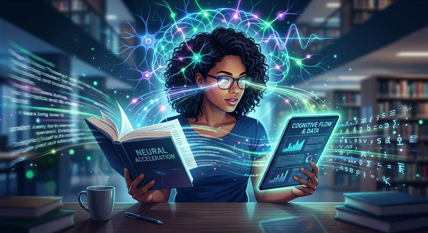 Pessoa lendo rapidamente em um livro físico e um tablet, com símbolos de velocidade e atividade cerebral, representando o método Metaleitura de Renato Alves.