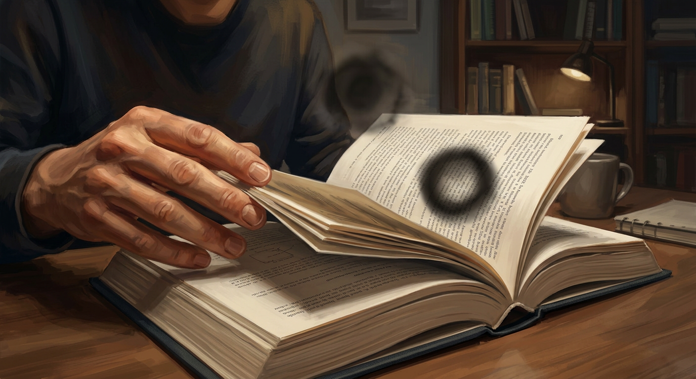 Mãos virando páginas de um livro rapidamente, com uma área sutilmente escura ou desfocada sobre parte do texto ou da visão, simbolizando um 'ponto cego' ou uma limitação em um método de leitura dinâmica.