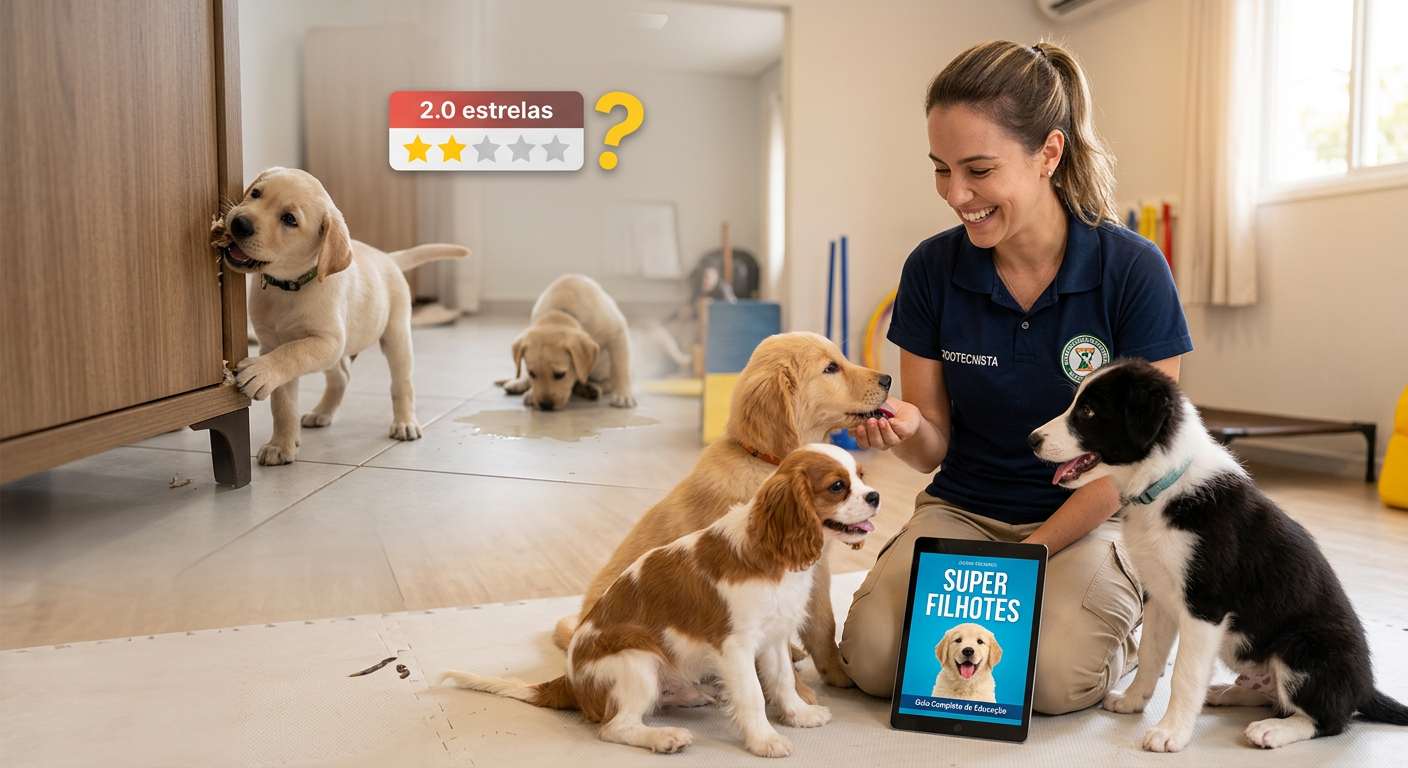 Mulher profissional (Marina Volanski) com filhotes bem-comportados e um tablet 'Super Filhotes', contrastado com um filhote bagunceiro e ícone de avaliação 2.0 estrelas.