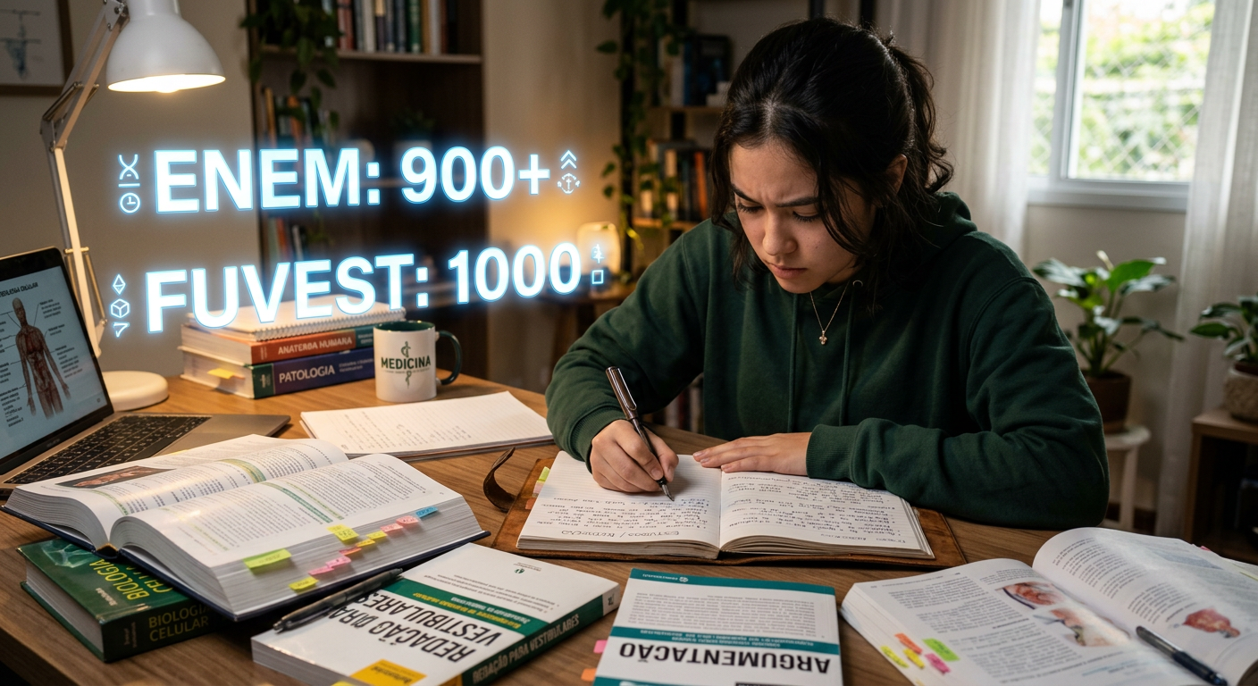 Estudante focado escrevendo redação para medicina, com notas 900+ e 1000 do ENEM e Fuvest em destaque.