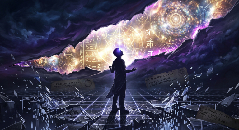 Silhueta humana em realidade fragmentada, vendo cosmos e símbolos antigos através de um véu rasgado, simbolizando o despertar da consciência e a revelação de verdades ocultas.
