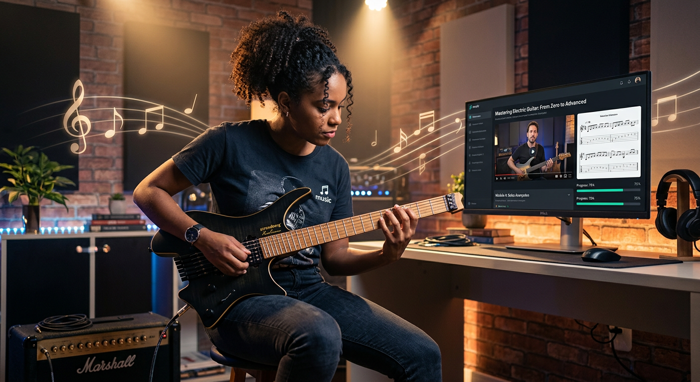 Guitarrista concentrado estudando online com o curso Guitarra Intensiva de Rodrigo Ferrarezi, utilizando uma metodologia estruturada.