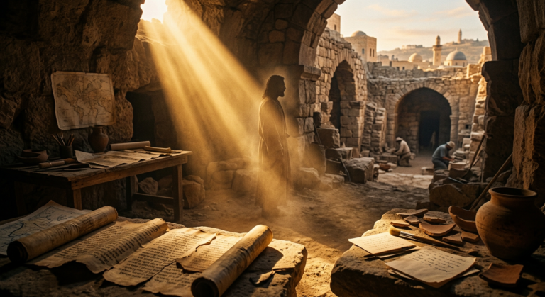 Luz divina e histórica iluminando ruínas antigas no Oriente Médio, revelando a silhueta de Jesus entre pergaminhos e achados arqueológicos.