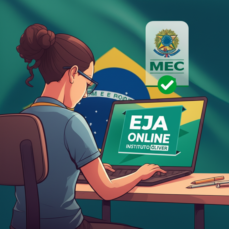 Estudante brasileiro estudando EJA online no Instituto Óliver, com selo do MEC ao fundo.