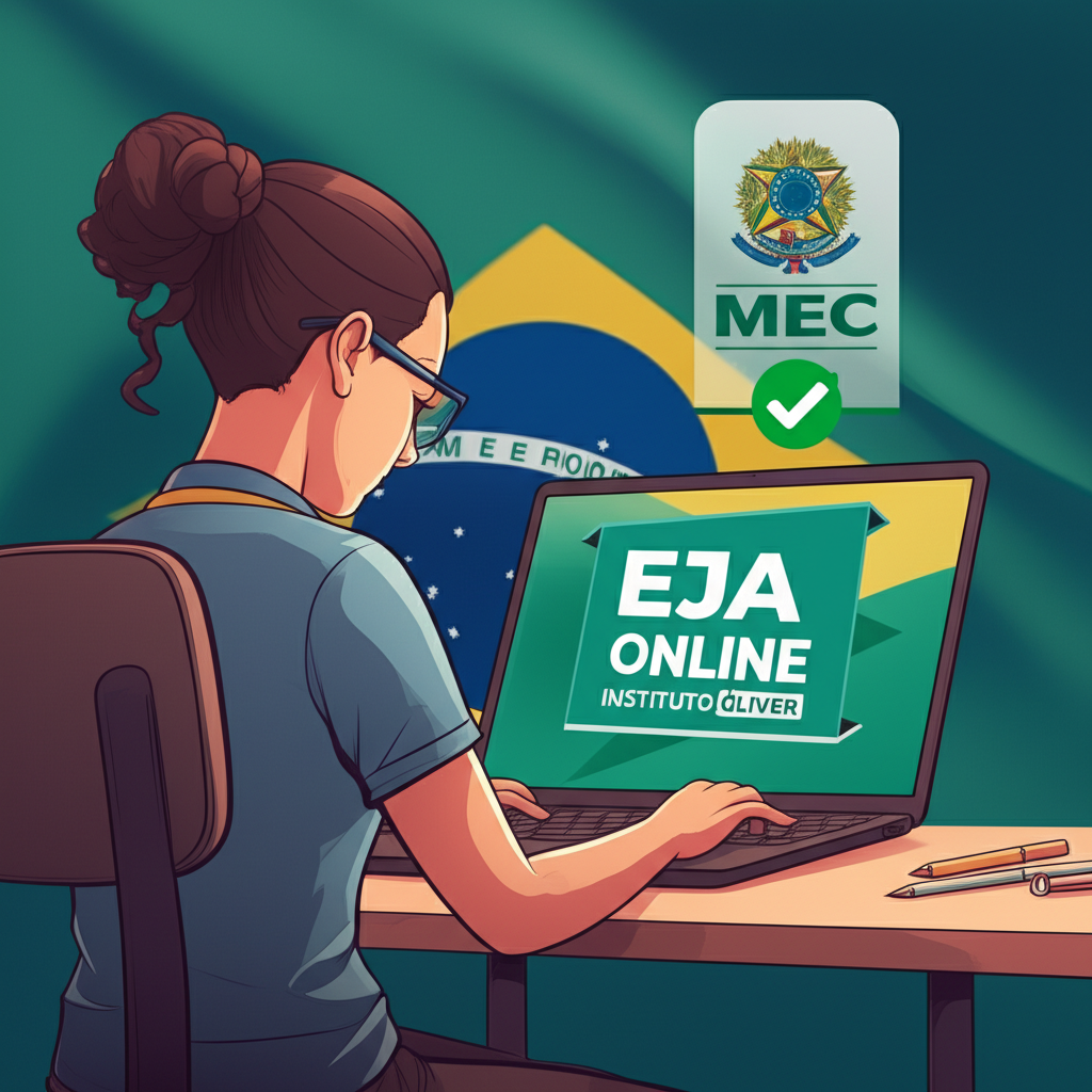 Estudante brasileiro estudando EJA online no Instituto Óliver, com selo do MEC ao fundo.