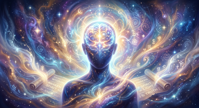 Imagem conceitual do despertar da consciência, com luz irradiando de uma cabeça estilizada e símbolos de sabedoria metafísica em tons etéreos.
