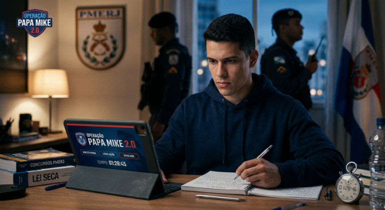Estudante dedicado usando aplicativo Operação Papa Mike 2.0 para concurso PMERJ, com silhueta de policial militar ao fundo.
