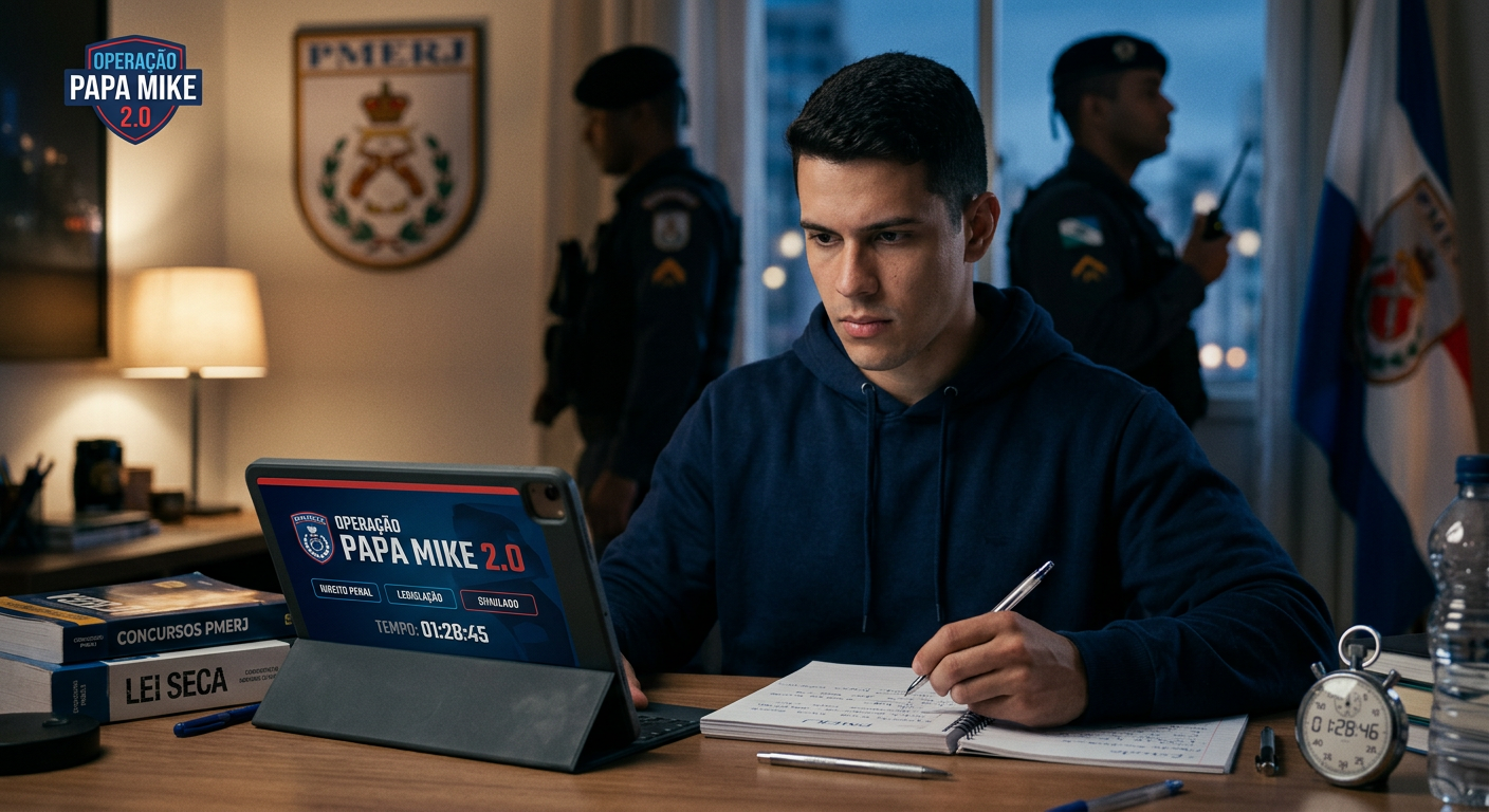 Estudante dedicado usando aplicativo Operação Papa Mike 2.0 para concurso PMERJ, com silhueta de policial militar ao fundo.