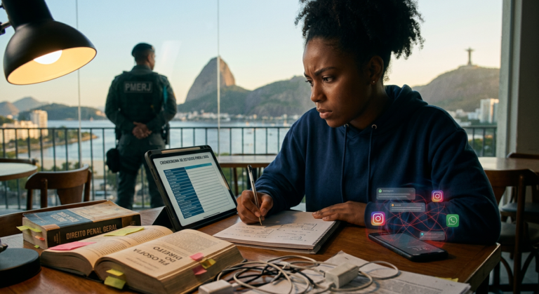 Estudante focado em preparação para PMERJ Operação Papa Mike 2.0, com plano de estudos verticalizado, evitando armadilhas de estudo e distrações, com fundo sutil de policial e Rio de Janeiro.