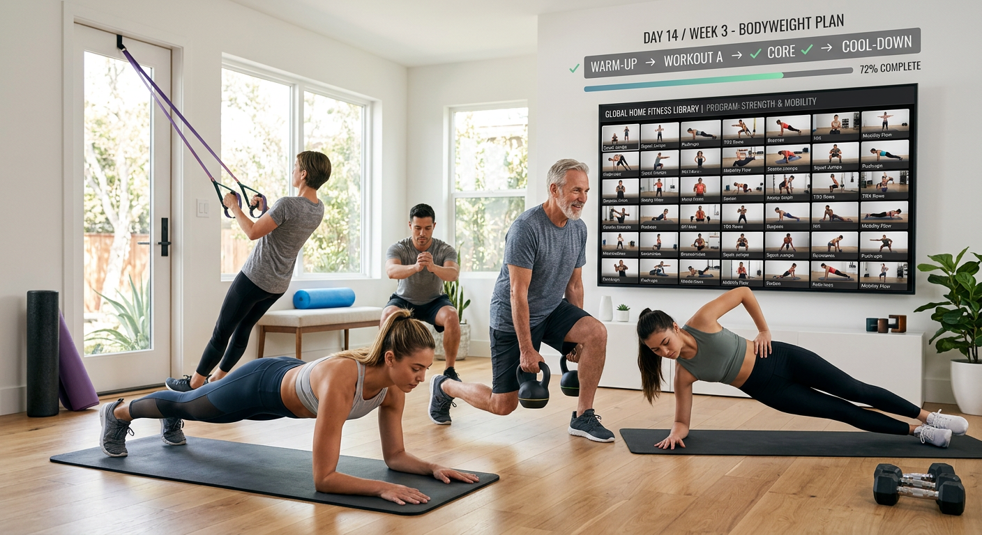 Pessoas de diferentes idades realizando exercícios funcionais em casa, com uma tela exibindo uma grade de mais de 500 vídeos de treinos funcionais, simbolizando um roteiro seguro para a rotina de exercícios.