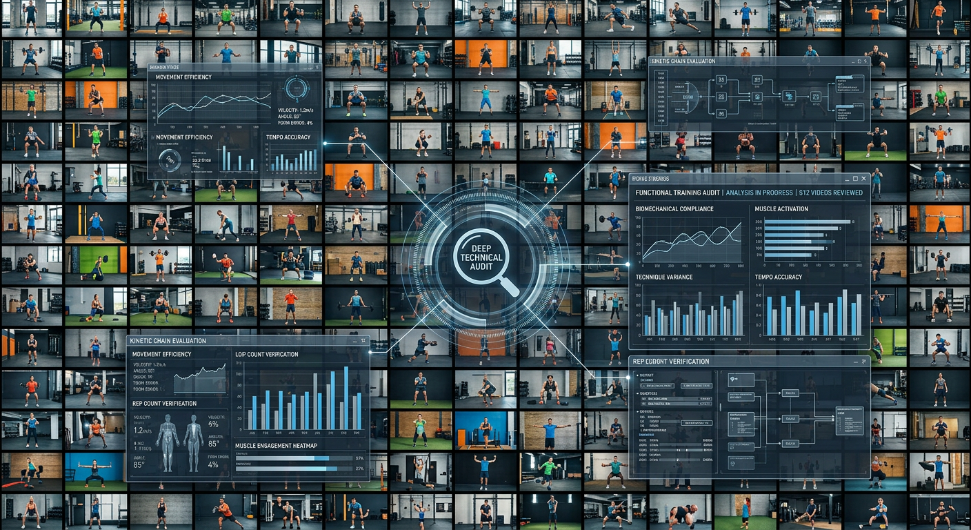 Visualização de uma auditoria técnica da plataforma '+500 Treinos Funcionais em Vídeo', com gráficos e vídeos sobrepostos.