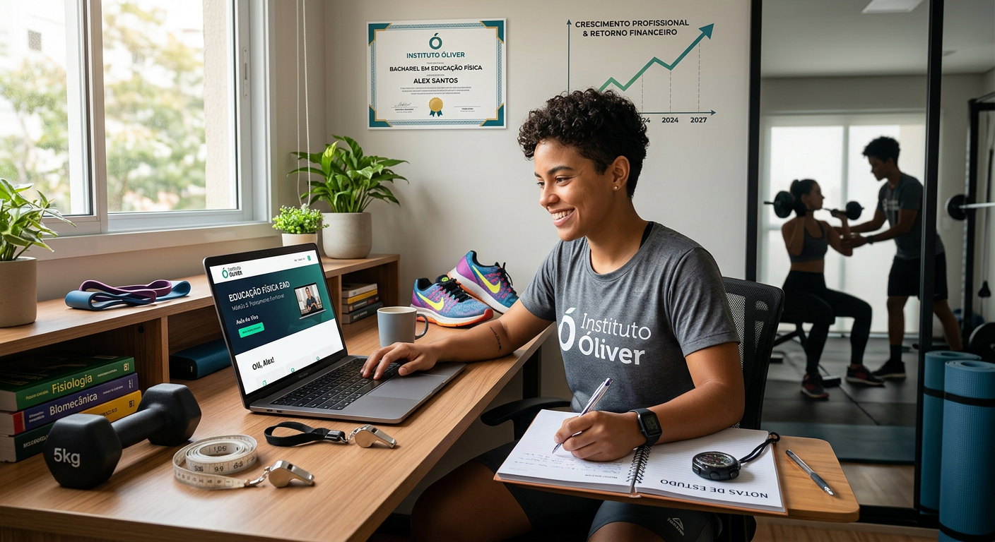 Estudante de Educação Física EAD Óliver focado(a) no laptop, com elementos de fitness e gráficos de sucesso profissional ao fundo, simbolizando retorno do investimento.