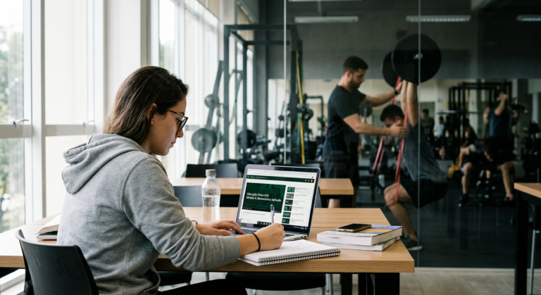 Estudante de Educação Física EAD concentrado em seu laptop, com uma imagem borrada e sombria de uma academia com instrutor corrigindo movimentos ao fundo, simbolizando os 'pontos cegos' ou desafios práticos não óbvios no EAD.