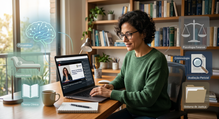 Adulto estudando online 'Formação em Psicanálise Clínica e Forense' com laptop, símbolos de psicanálise (mente) e justiça (balança) integrados.