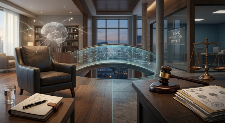Cena que une símbolos da psicanálise (mente, terapia, divã) e da área forense (justiça, leis, documentos), representando a Formação em Psicanálise Clínica e Forense da PSMS Treinamentos.