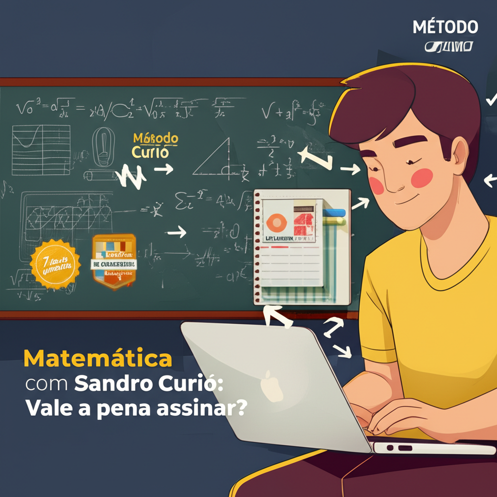 Ilustração de estudante estudando matemática com o método de Sandro Curió, cercado por símbolos matemáticos e selo de garantia de 7 dias.