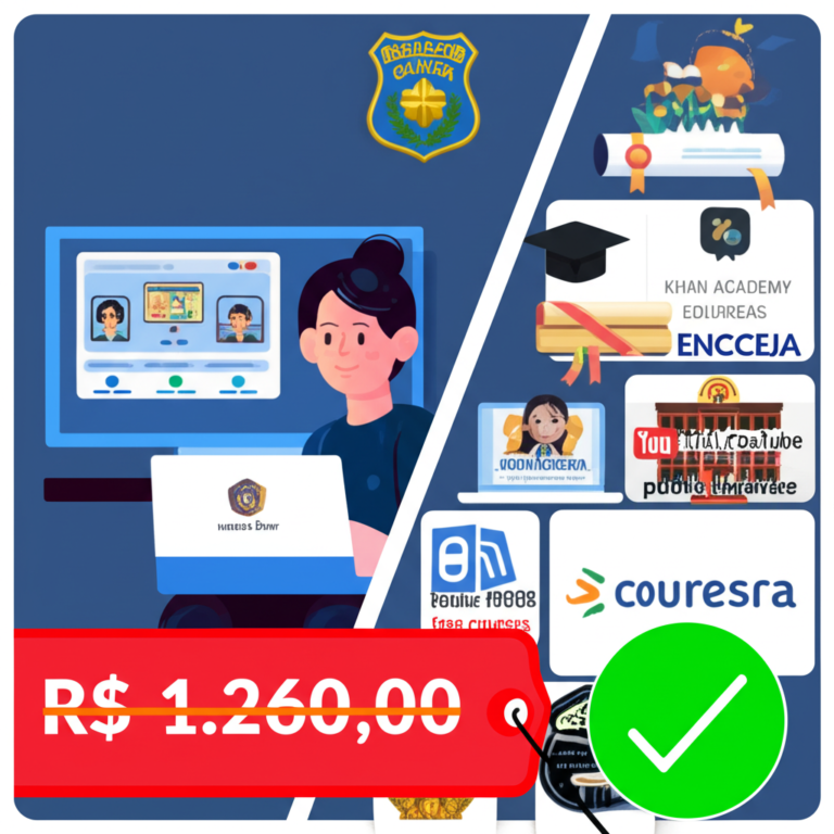 Ilustração comparando o curso pago EJA Supletivo Óliver com cinco opções gratuitas, destacando a diferença de preço e foco em carreiras policiais.